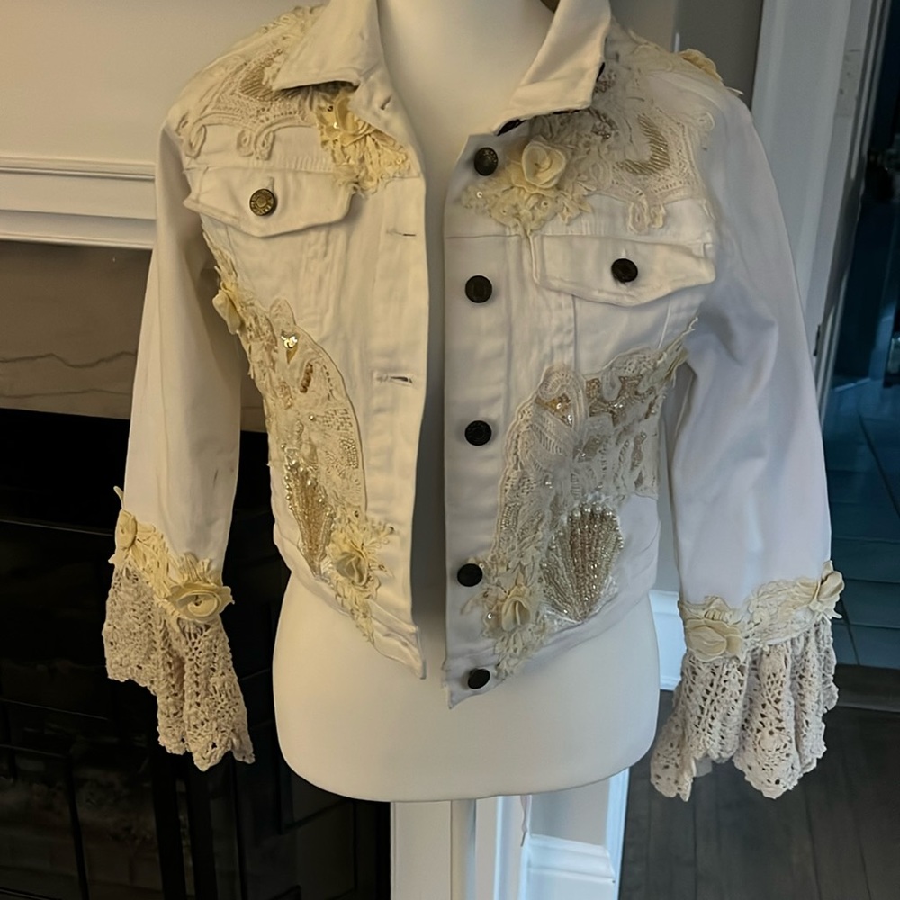 Unique one of a kind white jean jacket with amazing detail bought in Paris